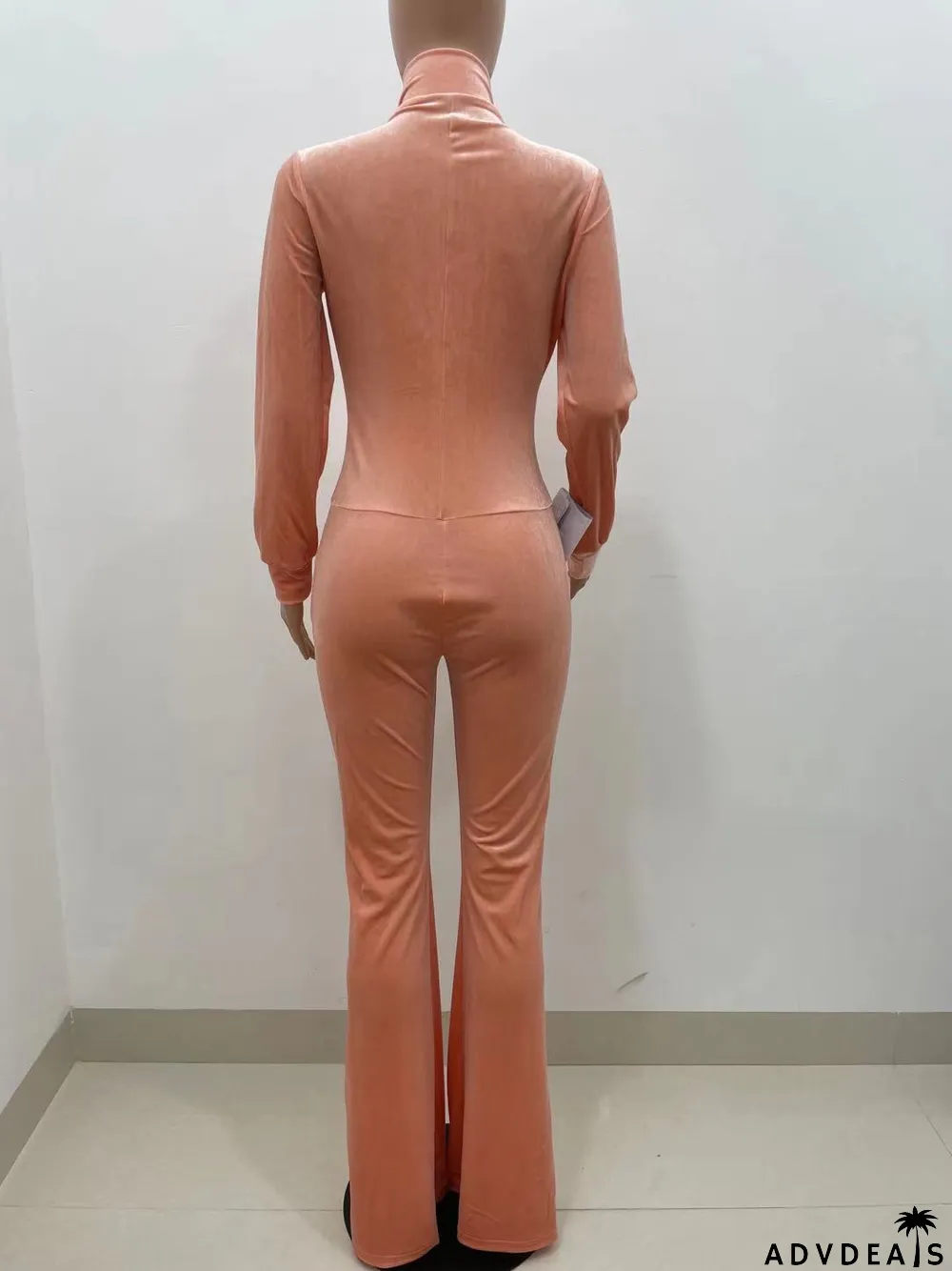 Solid Velvet Long Sleeve Zipper Flared Jumpsuit