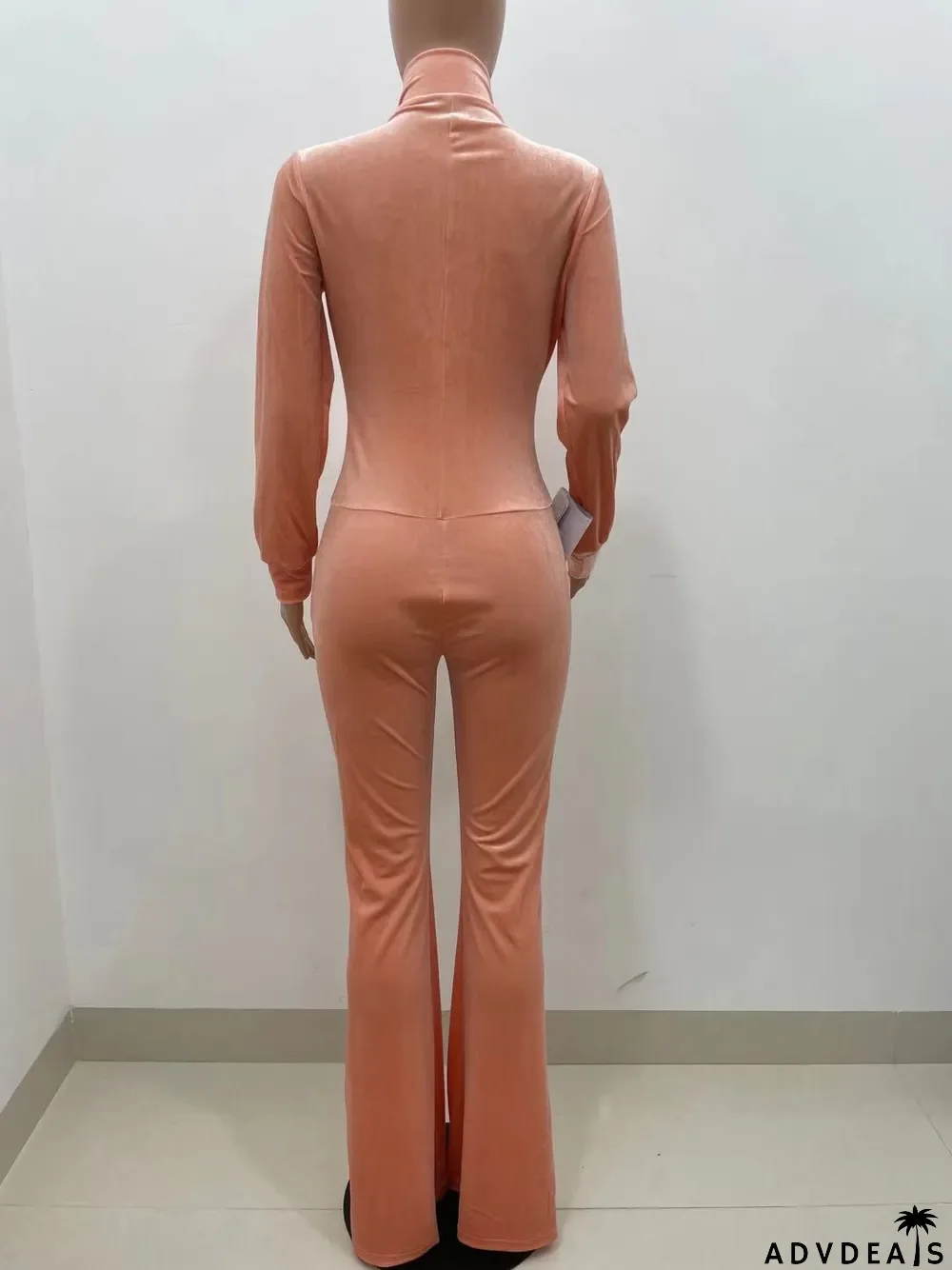 Solid Velvet Long Sleeve Zipper Flared Jumpsuit