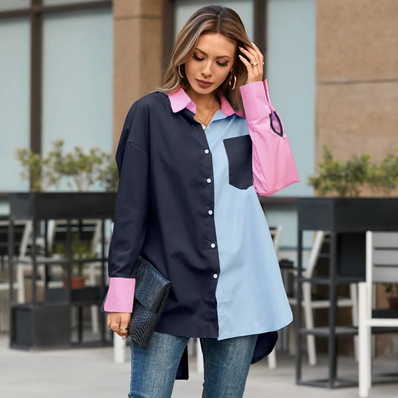 Graduation Gifts  2022 Fashion Women Long Shirt Elegant Long Sleeve Blouse Casual Buttons Vintage Tops Color Patchwork Asymmetrical Tunics