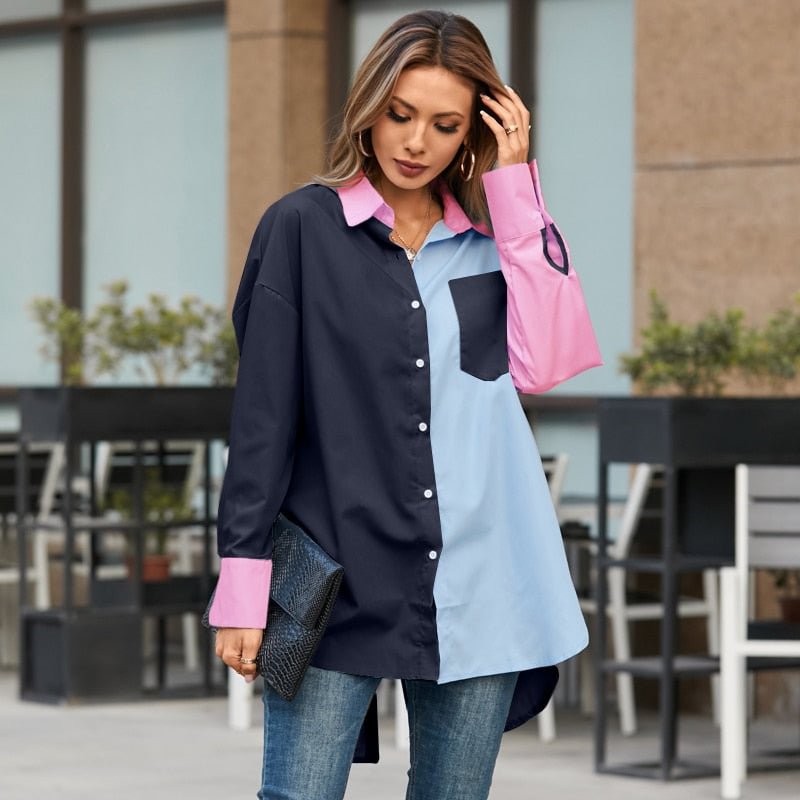 Celmia 2022 Fashion Women Long Shirt Elegant Long Sleeve Blouse Casual Buttons Vintage Tops Color Patchwork Asymmetrical Tunics