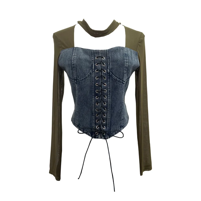 Nigikala Nigikala Hollow Hanging Neck Cowboy Splicing Mesh Strap With Irregular Long-Sleeved T-Shirt Short Top 88882