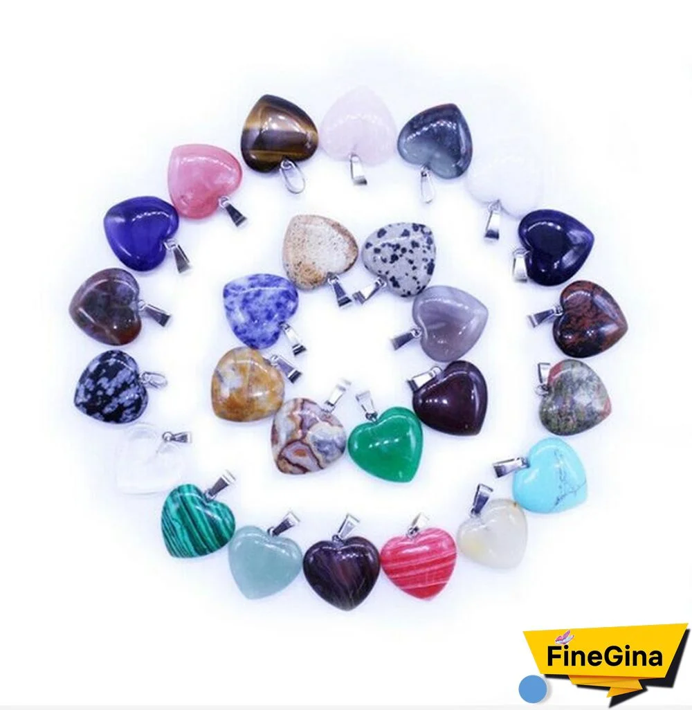 20Pcs/Lots Natural Gem Stone Love Heart Pendant Natural Crystal Stone Heart Shaped For Necklace Reiki Healing Women