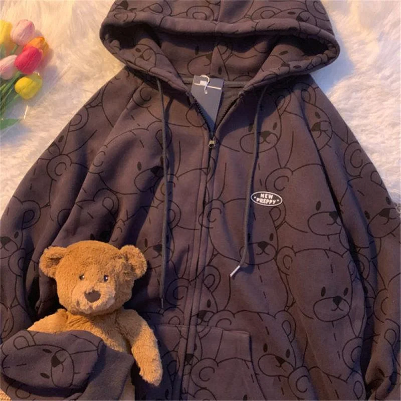 Vintage Long Sleeve Hoodie Sweetshirt Clothes Women 2021 Fashion Zip Up Cute Bear Hoodies Autumn Winter Coat Loose Harajuku Top