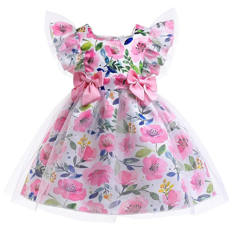 Toddler Girls' Party Dress Graphic Tulle Dress Knee-length Dress Performance Tie Knot Square Collar Sleeveless Adorable Dress 3-7 Years Spring Pink Red Light Blue