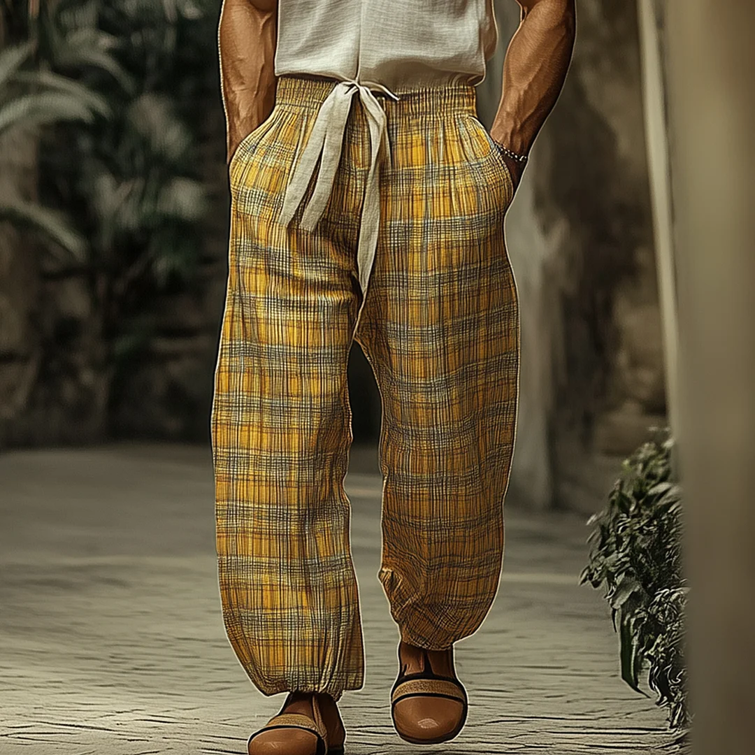 Plaid Wide-Leg Lounge Pants With Adjustable Waistband-inspireuse