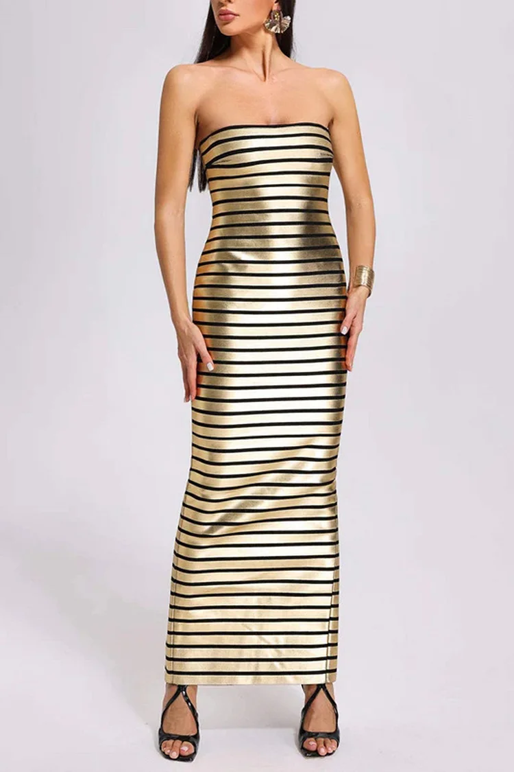 Bronzing Print Striped Tube Top Maxi Dress-Gold