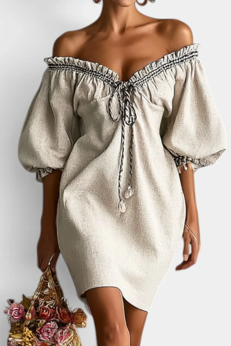 Off-Shoulder Mini Dress with Ruched Neckline & Balloon Sleeves