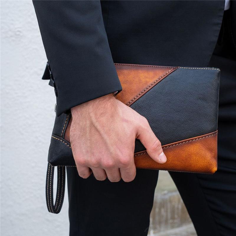 Mens Vintage Patchwork Leather Business Casual Clutch Bags