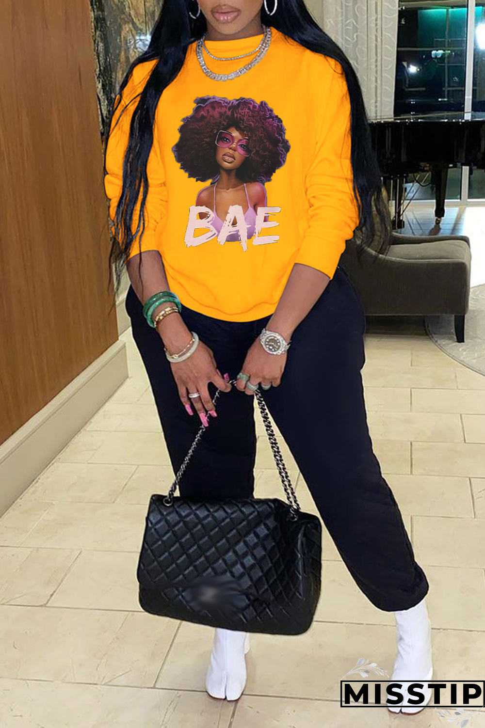 Black Vintage Print Letter O Neck Tops