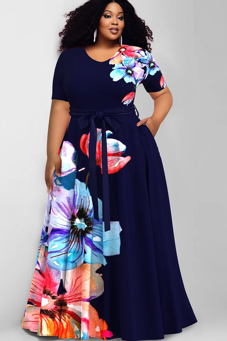 Xpluswear Design Plus Size Casual Navy Blue Floral Print Lace Up With Pockets Maxi Dresses