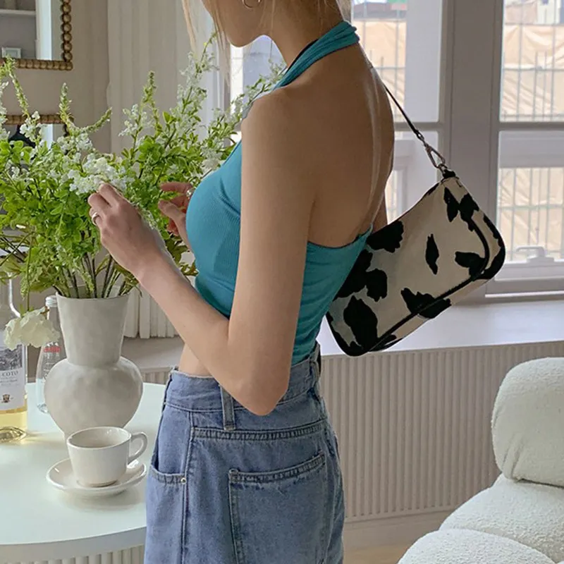 Blue Knitted Halter Backless Crop Tops Women U-Neck Sleeveless Skinny Cami Female Korean