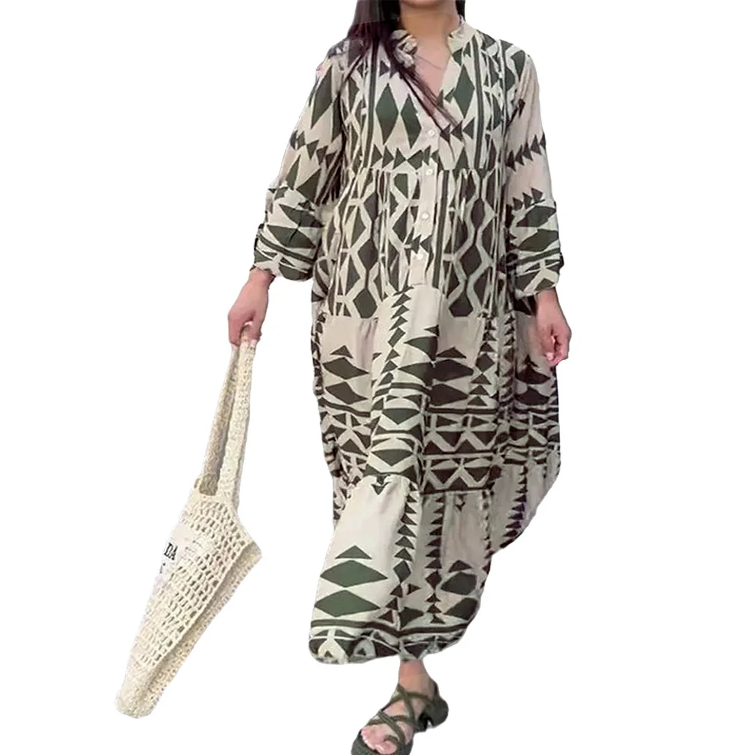 Nigikala Nigikala Large-Size Women's New Temperament Printed Shirt Dress Bohemian Dress