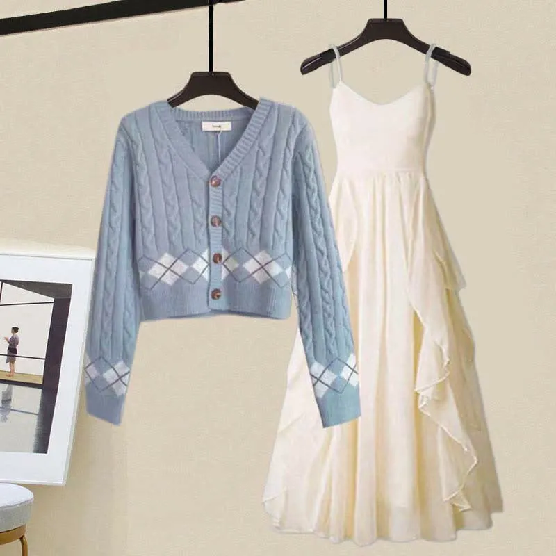 Rhombus Print Cardigan Sweater Slip Dress Two Pieces