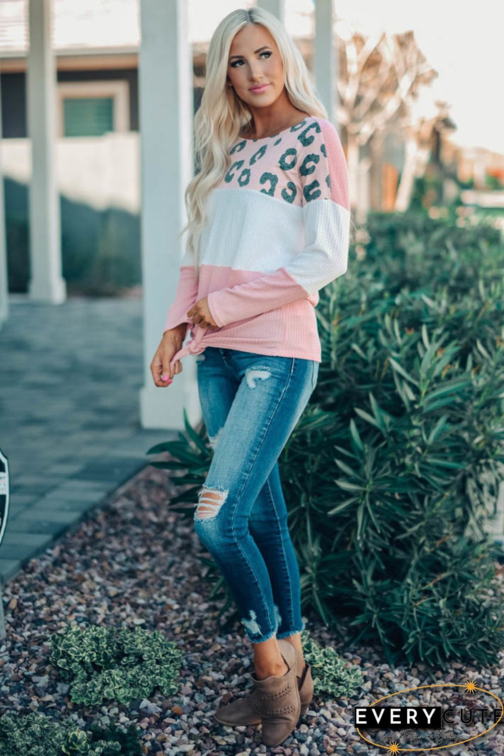 Pink Color Block Leopard Tie Top