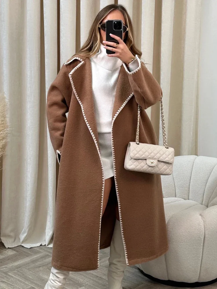 Oocharger Patchwork Loose Long Coat For Women Fashion Turn Down Collar Female Outwear 2024 Autumn Winter Elegant Pocket Lady Coats