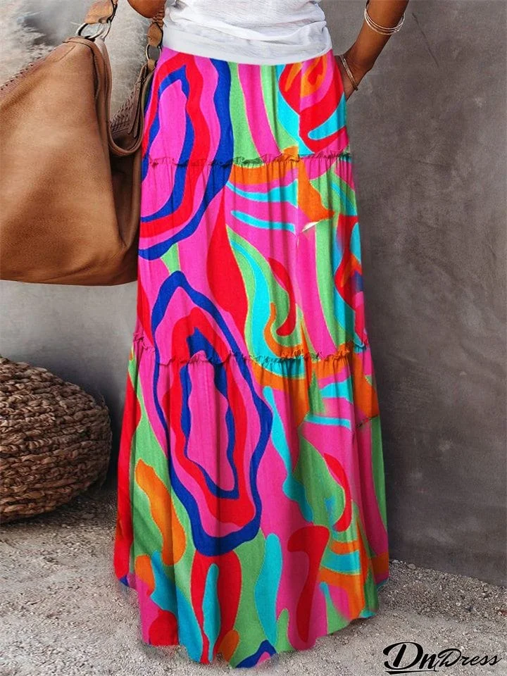 Boho Style Female Layered Paisley Printed Skirt with Pockets