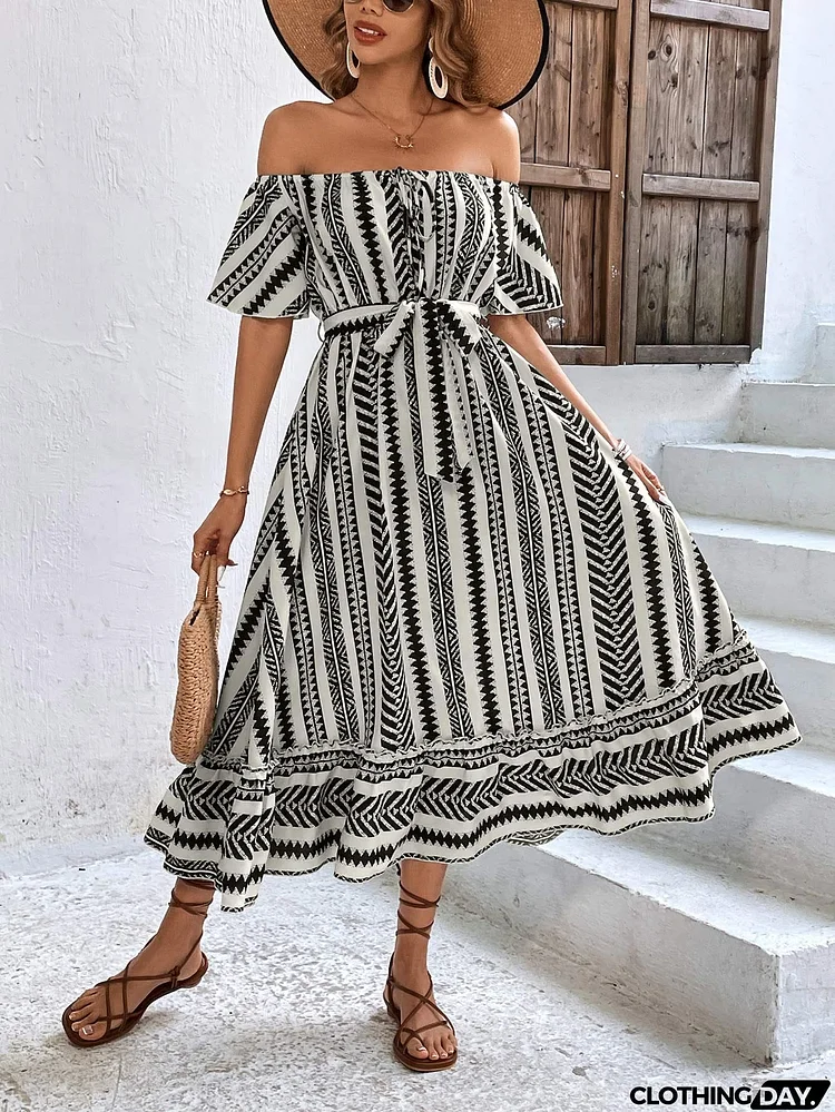 Printed Off-Shoulder Tie Belt Midi Dress