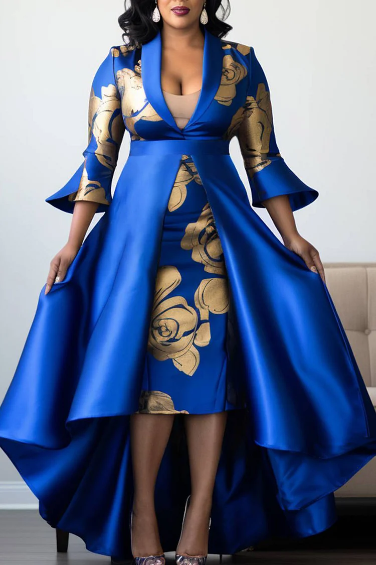 Xpluswear Design Plus Size Formal Royal Blue Floral Turndown Collar Flare 3/4 Sleeve Detachable Overskirt Ruffle Satin Midi Dresses