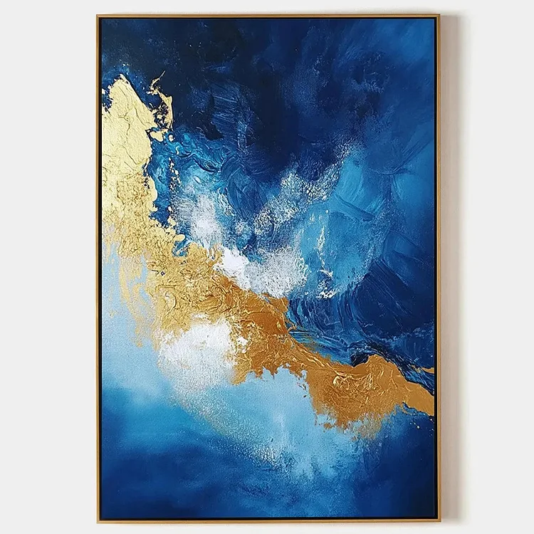 GOLDEN TIDE: Vertical Abstract Painting, Blue, Gold（Canvas painting）