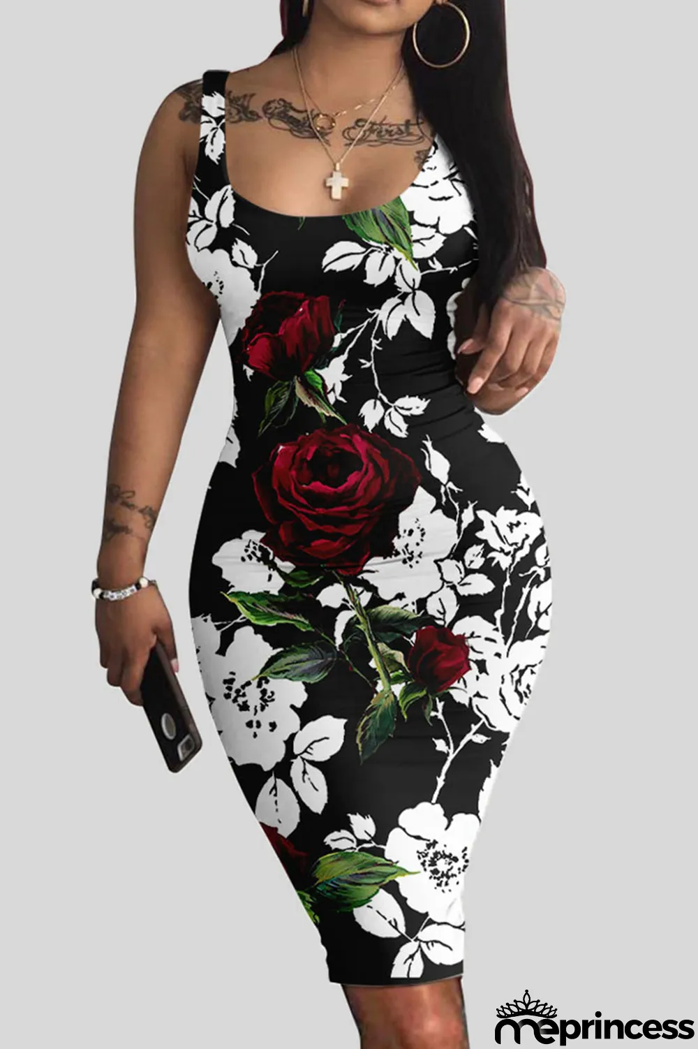 White Casual Print Patchwork U Neck Vest Dress Dresses