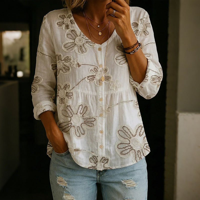 Women's Elegant Three-dimensional Floral Art Casual Linen Blend  Shirt wearshes