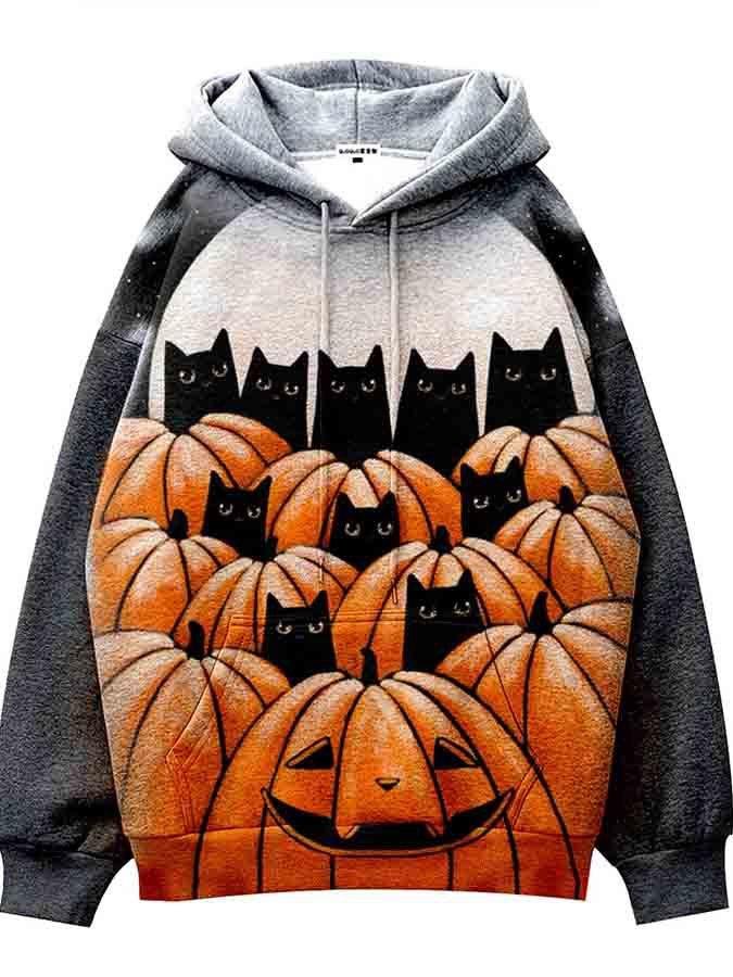 Men's Halloween Cat Pumpkin Print Hoodie