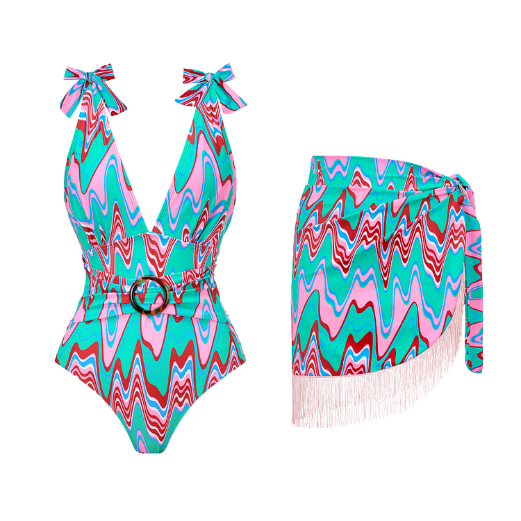 Green Ripple Print Acrylic Ring One Piece Swimsuit and Sarong Flaxmaker (Shipped on Sep 18th)