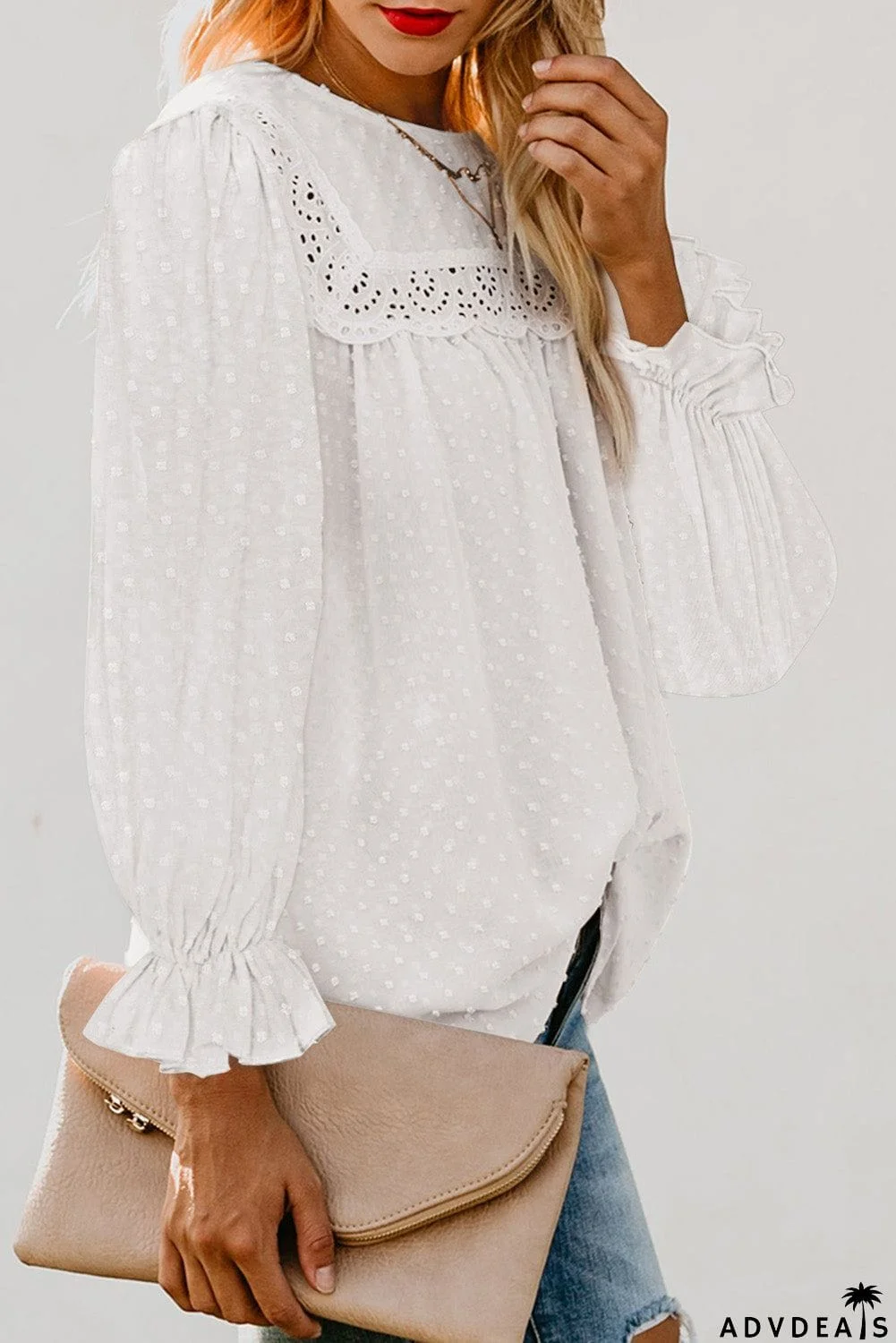 Swiss Dot Hollow Out Ruffle Sleeve Blouse