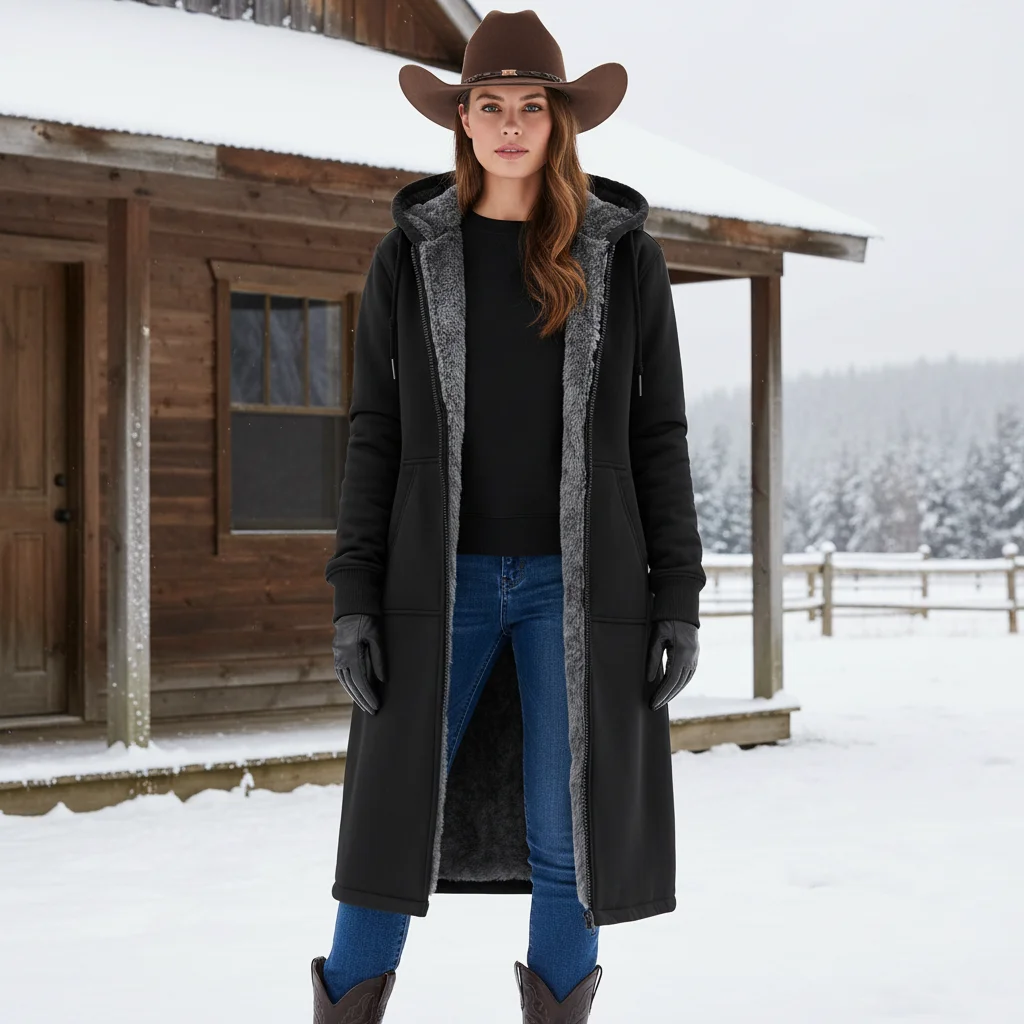 Women's Vintage Fleece Pocket Full Zip Long Sleeve Hoodie Long Coat