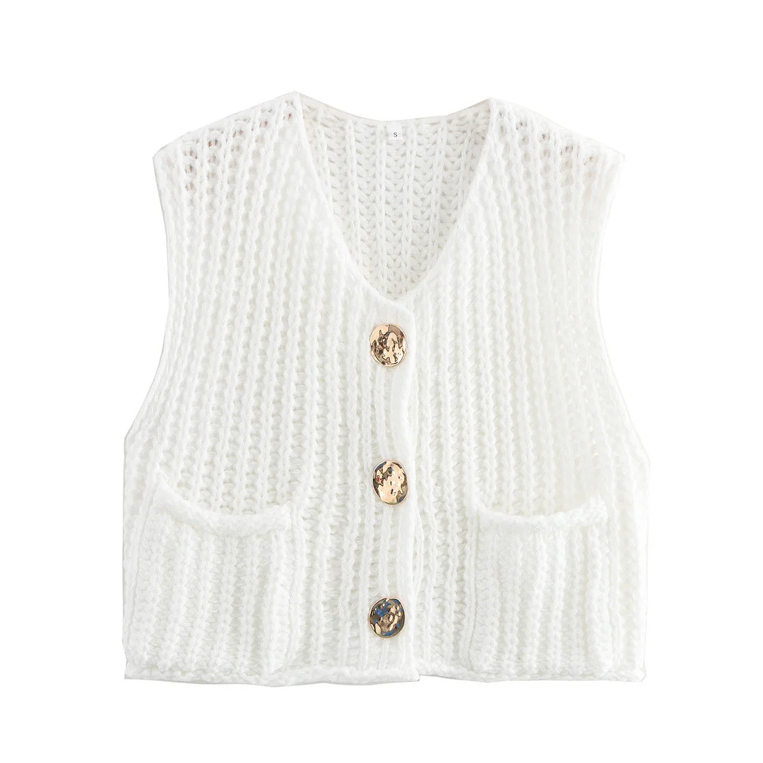 Nigikala Nigikala 2025 Spring And Autumn 2025 New Women's Pocket Sleeveless Short Knitted Cardigan Vest