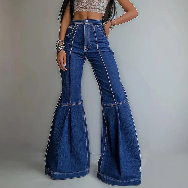 Ursime High Waist Contrast Stitch Denim Bell Bottom Jeans