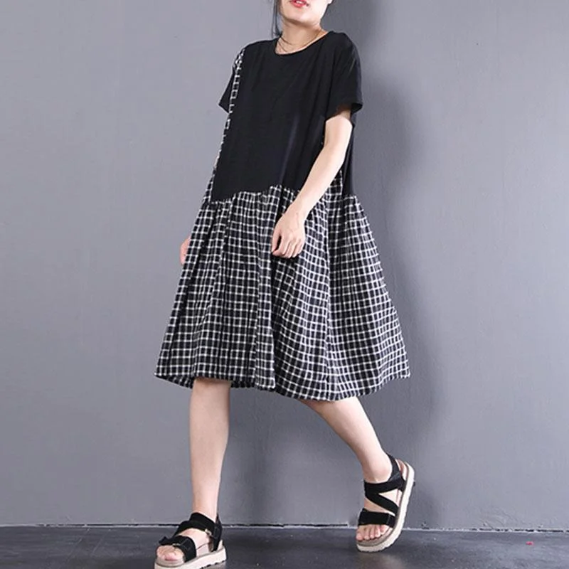 Elegant cotton shift dresses oversized Short Sleeve Plaid Summer Round Neck Black Dress