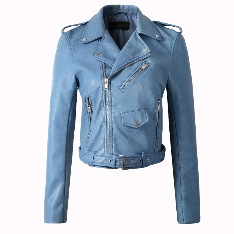 Ailegogo New Spring Autumn Women Pu Faux Leather Jacket Short Biker Fashion Bright Colors Black Motorcycle Coat Soft Outwear