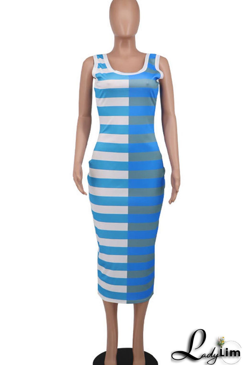 Blue Casual Striped Print Patchwork U Neck Pencil Skirt Dresses