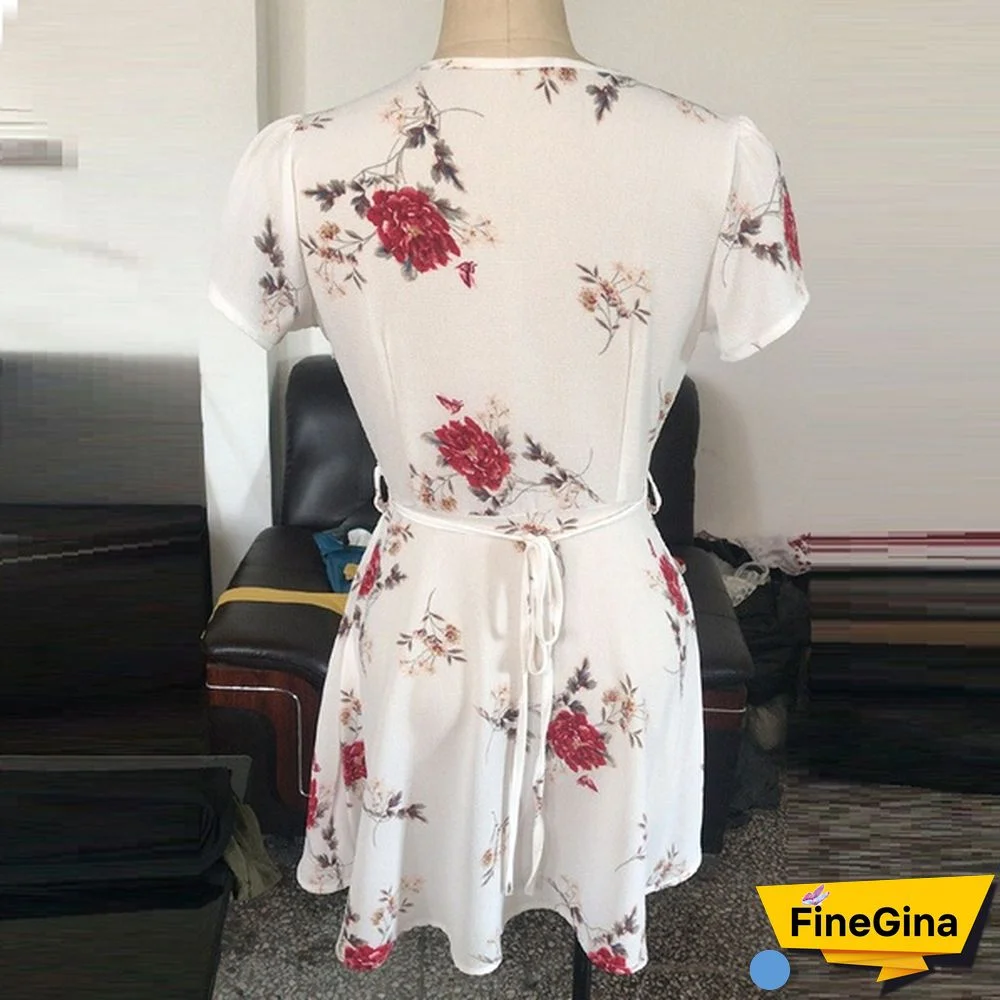 Women Fashion Casual Short Sleeves Floral Printed Beach Short Mini Dress