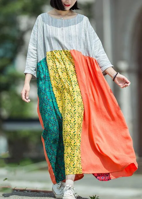 DIY o neck patchwork linen outfit Runway multicolor Dress summer