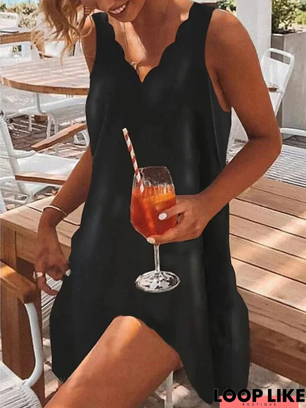 wavy neck little black Dress Loosen V Neck Short Sleeve Knit Dress