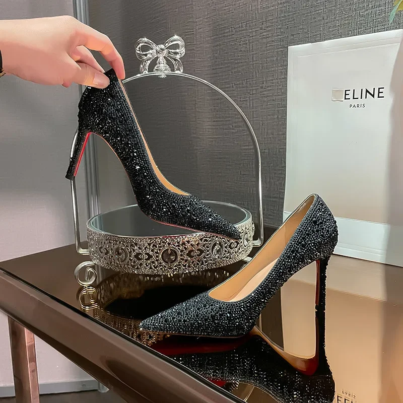 Fine heeled crystal wedding shoes bridesmaid dresses versatile black rhinestone single shoes temperament high heels for women
