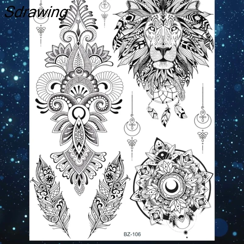 Sdrawing Henna Temporary Tattoos For Women Girls Feather Butterfly DreamCatcher Fake Gem Tattoo Sticker Chest Arm Tatoos Tribal 328-1