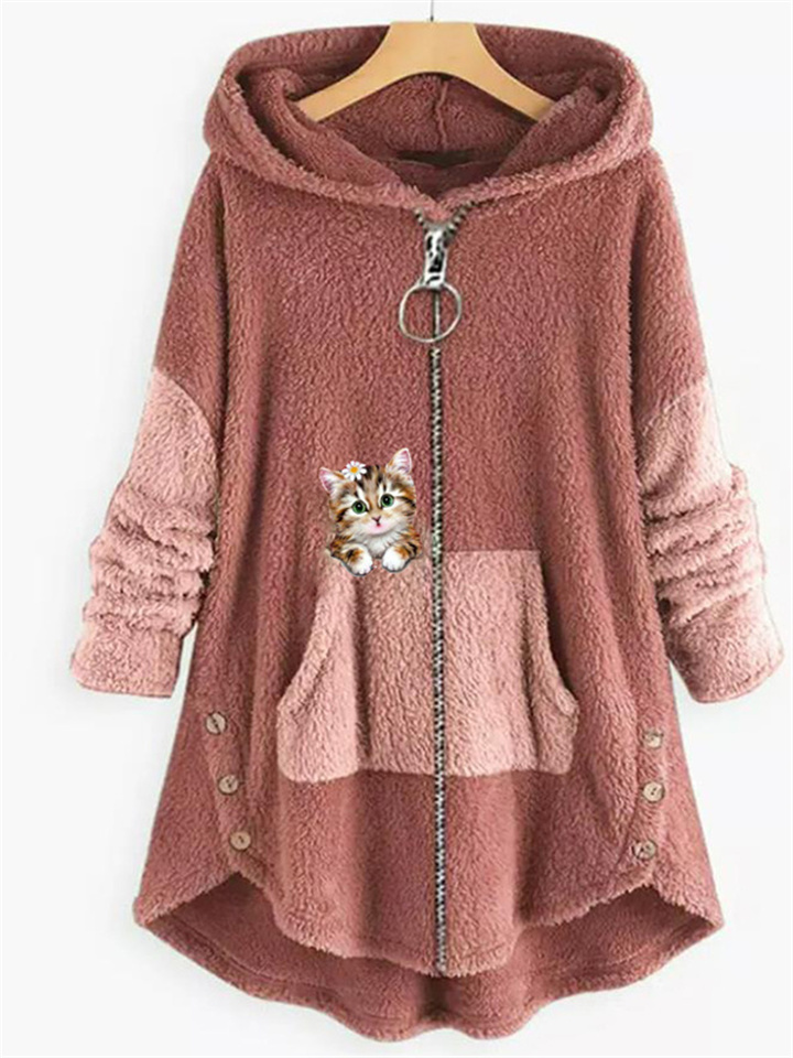 Women's Fleece Jacket Pullover Casual Sherpa Fleece Teddy Zip Up Front Pocket Green Black Pink Cat Street Hoodie Long Sleeve Fleece S M L XL XXL 3XL | 168DEAL
