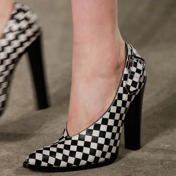 Black and White Plaid Pointy Toe Chunky Heel Pumps Vdcoo