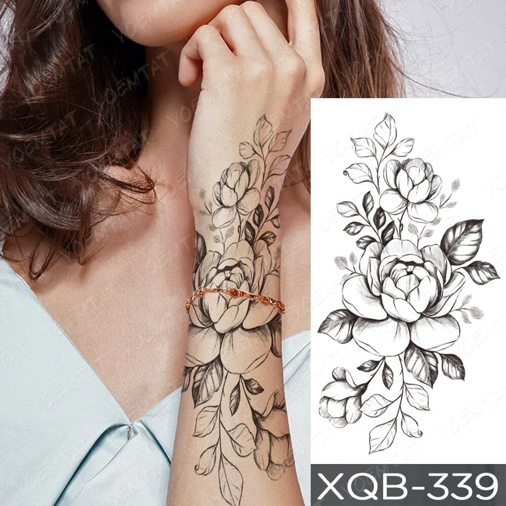 Waterproof Temporary Tattoo Sticker Orchid Flower Tattoos Peony Lotus Lines Painted Rose Body Art Arm Fake Sleeve Tatoo Women
