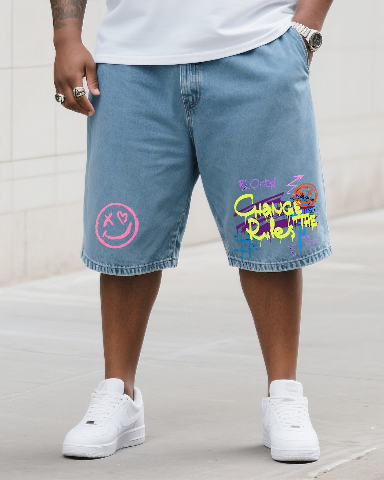 Plus Size Men's Fashion Creative Print Shorts Jeans