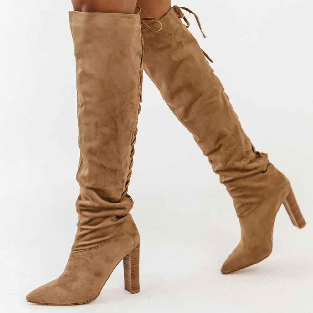 Brown Faux Suede Pointed Toe 4'' Chunky Heel Lace Up Knee High Boots Nicepairs