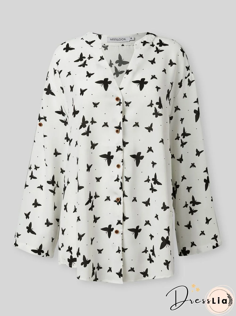 White Casual Butterfly Printed Long Sleeve Shift Blouse