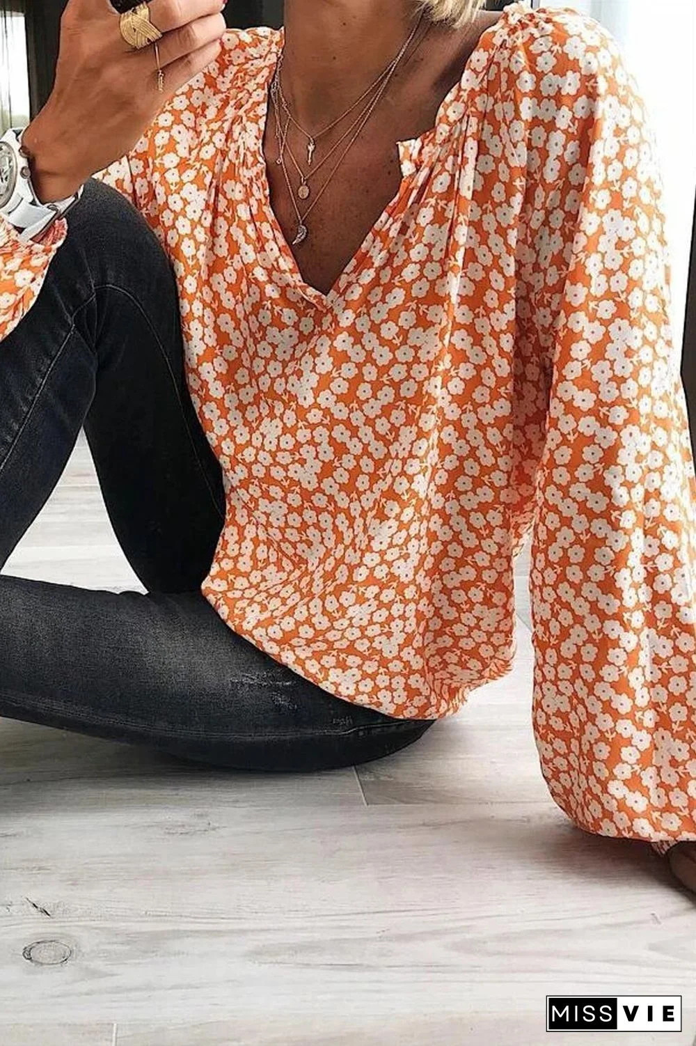 Bohemian V-Neck Floral Print Blouse