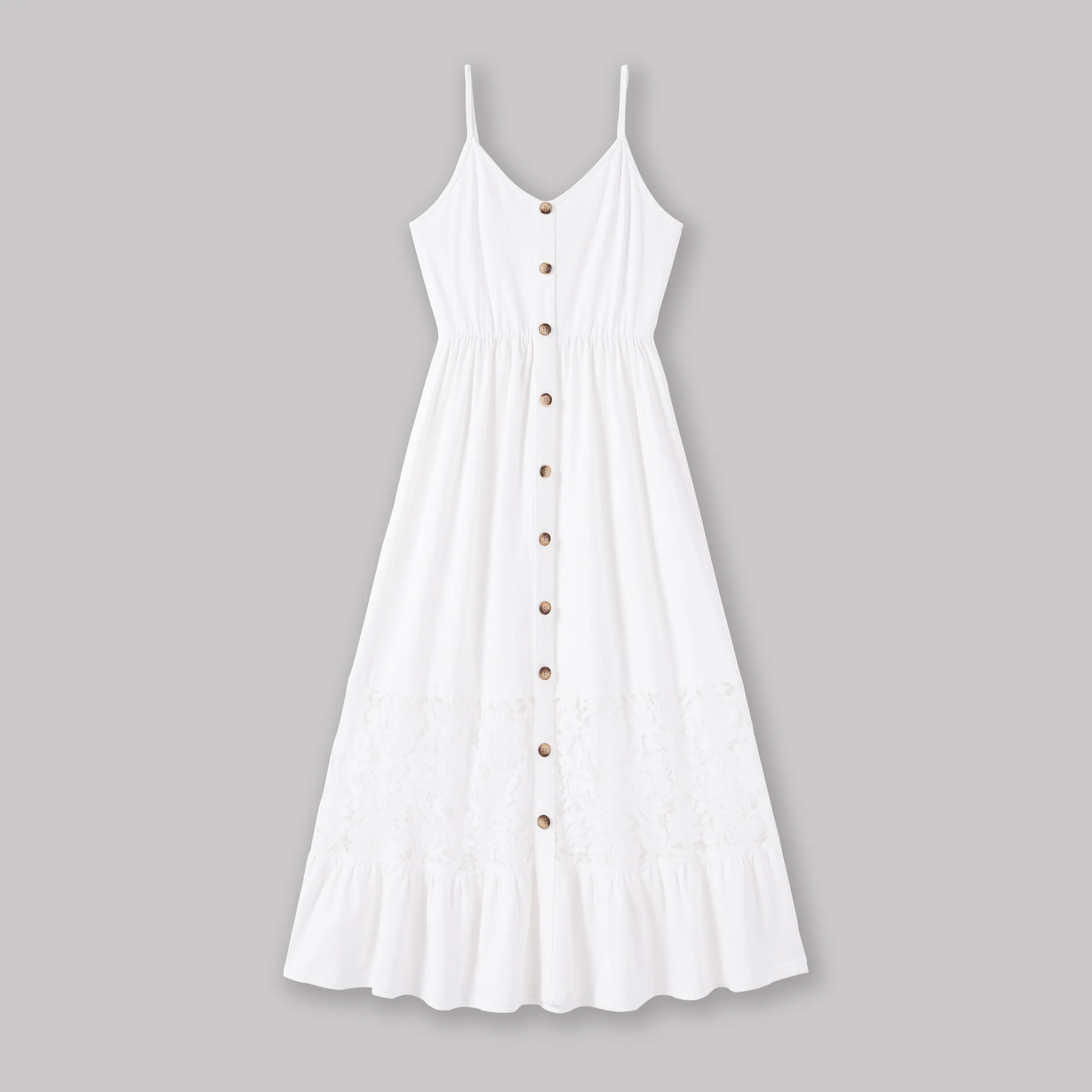 Mommy and Me Button Up White Lace Embellishment Ruffle Hem Strap Dress