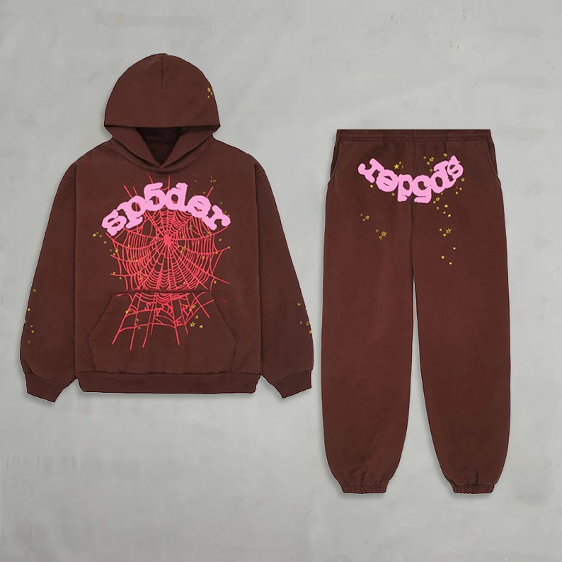 Y2k Fashion Spider 555 Print Brown Hoodie Tracksuit & Sweatpants - SOPULA