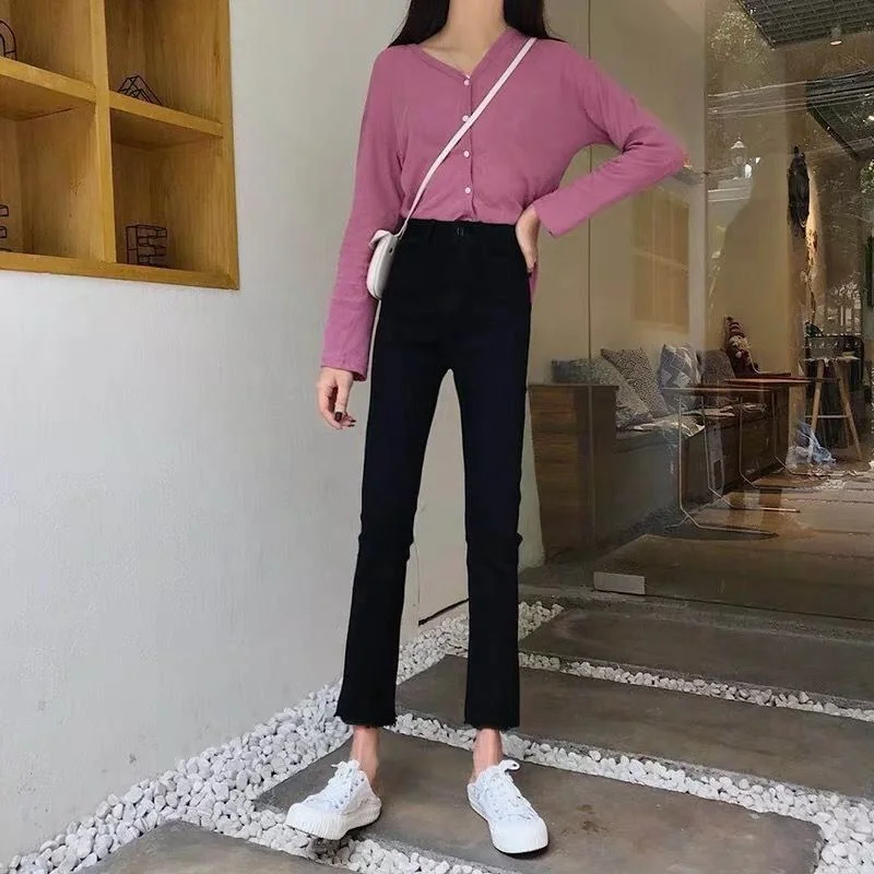 Toloer Toloer Black Jeans Women's Fall 2024 New High Waist Loose And Versatile Show Thin High Wide Legs Eight Nine Minutes Pants-Outfit Ideas