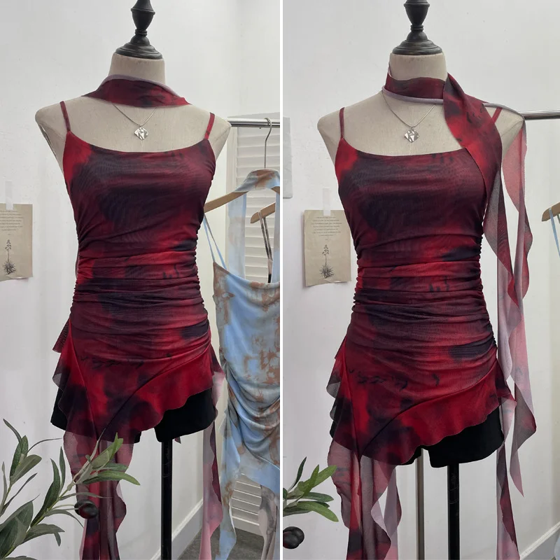 Churchf Spice Girls Irregularly Designed Lotus Leaf Edge Ribbon Sling Vest Tie Mesh Folding Top 9962